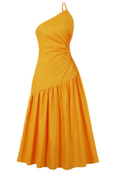 Gelbes One-Shoulder-Cut-Out-Abendkleid in Teelänge